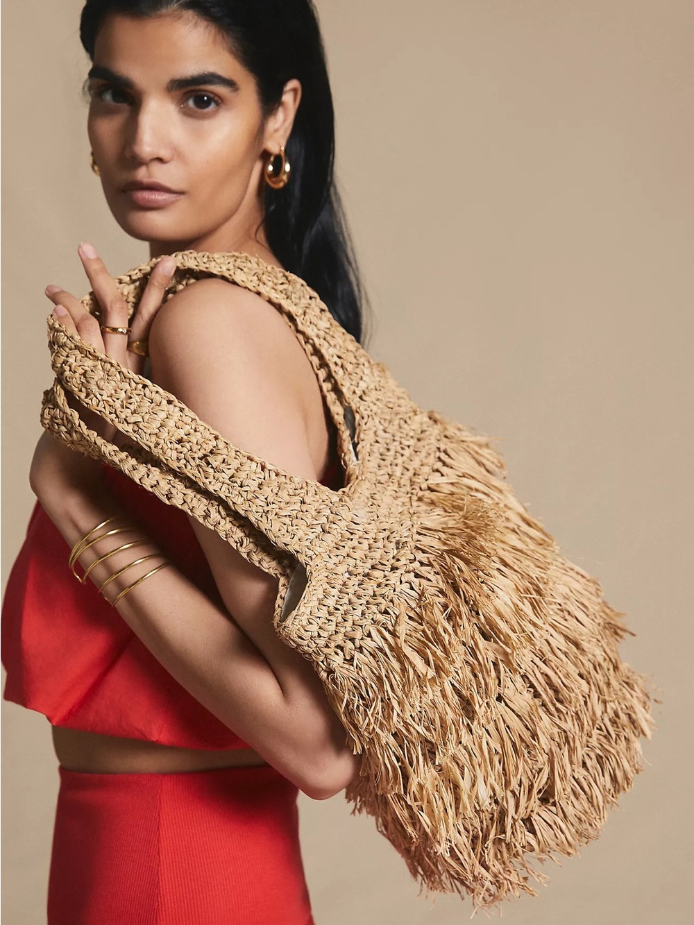 NWT Anthropologie Woven Raffia Lusana Fringe Tote Bag - Natural - Picture 4 of 7